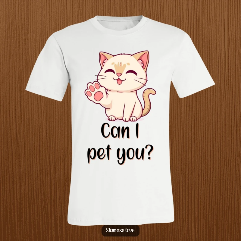 Funny Kawaii Siamese cat with a sweet smile offering a friendly paw on a stylish T-shirt, radiating warmth.
