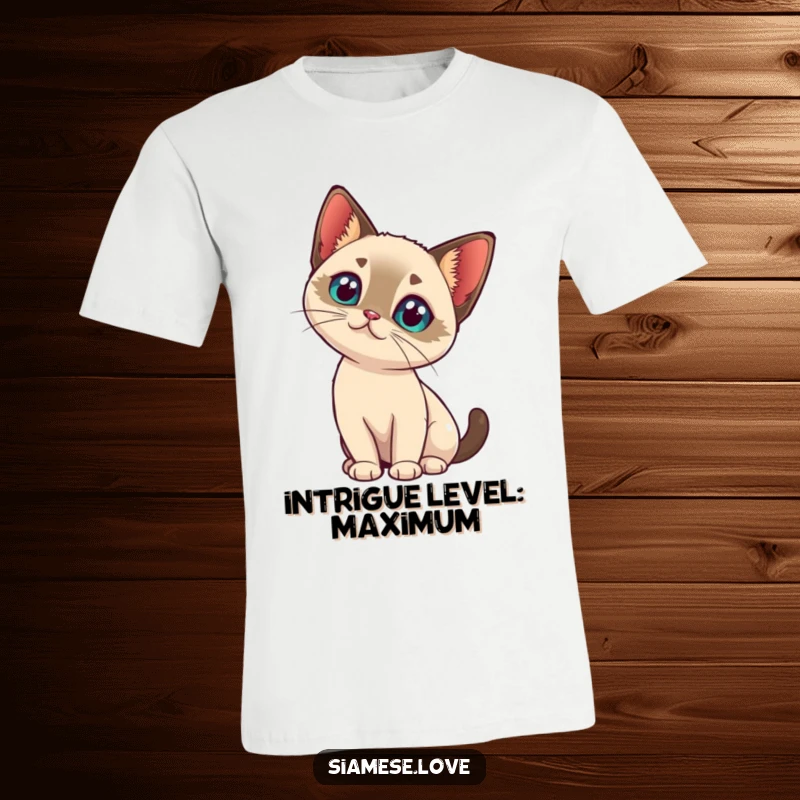 Funny kawaii Siamese cat tilting its head with intrigue on a t-shirt, radiating thoughtful curiosity.