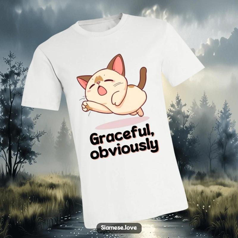 Funny Kawaii Siamese Cat T-Shirt: A cute Siamese cat character performs a hilarious, exaggerated clumsy dive, a playful and funny design.