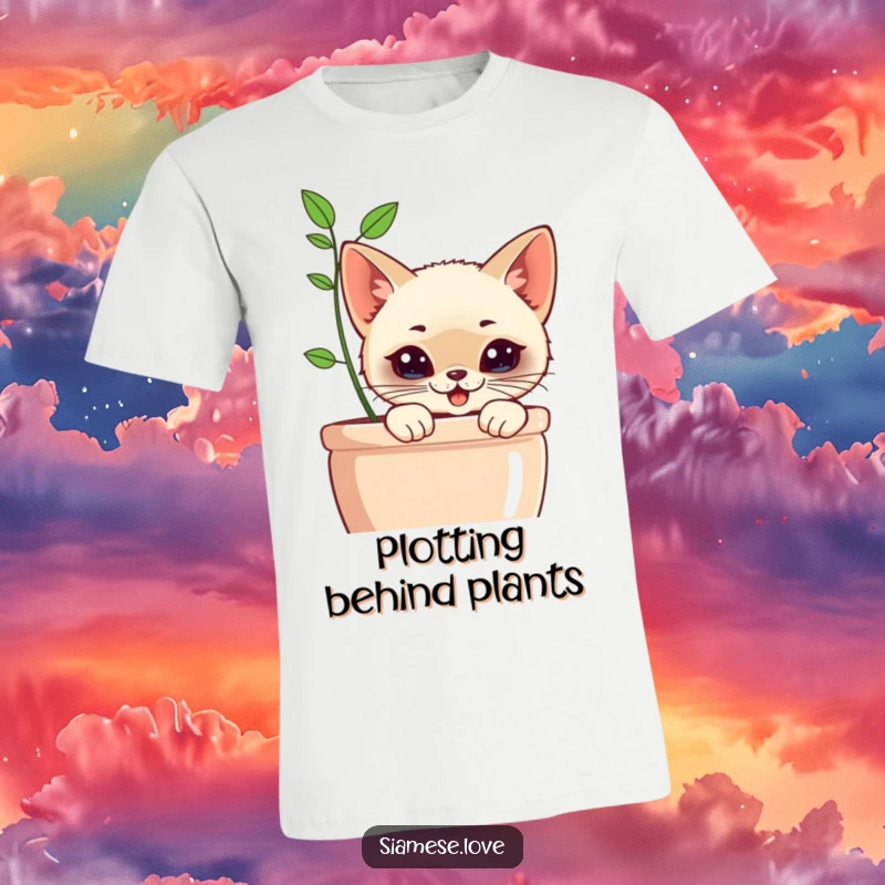 Funny Kawaii Siamese Cat T-Shirt: Adorable cat with a sly grin peeking out from behind a houseplant.