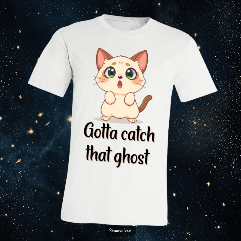 Funny t-shirt showcasing a surprised Siamese cat with wide eyes, mid-air pounce on nothing, capturing wild feline energy.