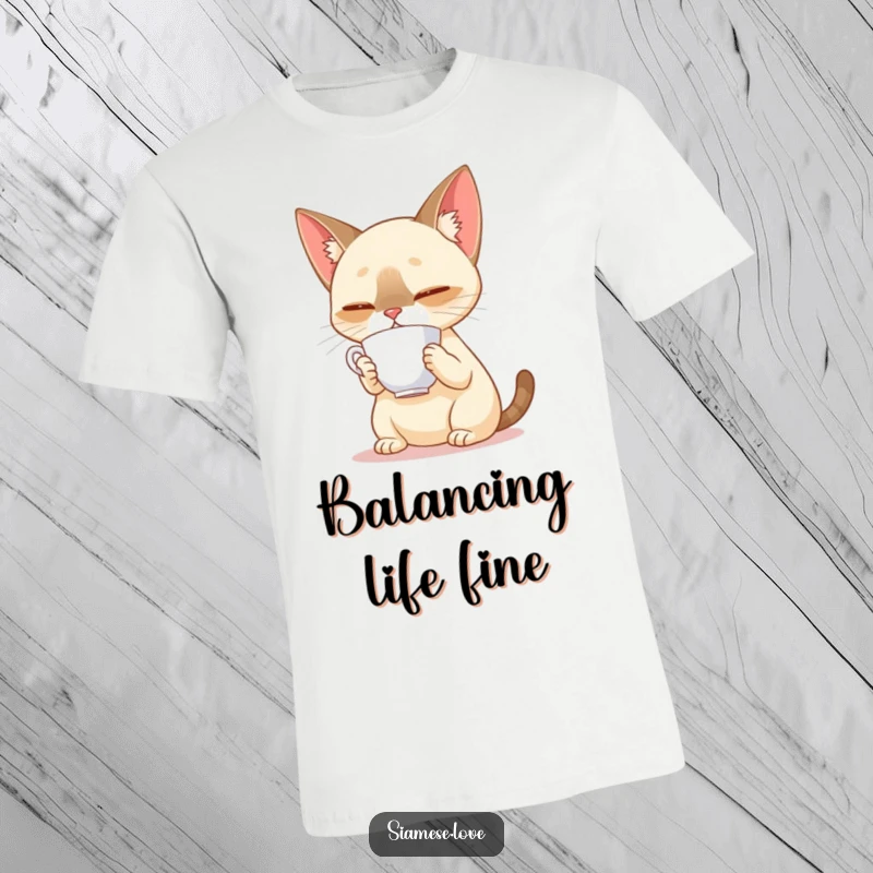 Funny Siamese cat balancing a teacup on its nose on a t-shirt, expressing focus and feline elegance with humor.