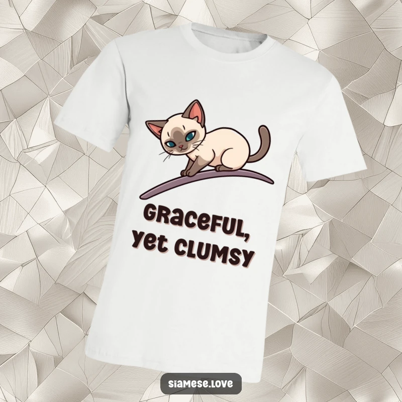 Funny t-shirt with a sleek Siamese cat elegantly balancing on a narrow, curving surface, displaying poise and humor for a humorous gift.