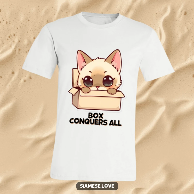 Funny Siamese Cat T-Shirt: A wide-eyed Siamese cat character curiously peering into a small box, showcasing pure feline intrigue.