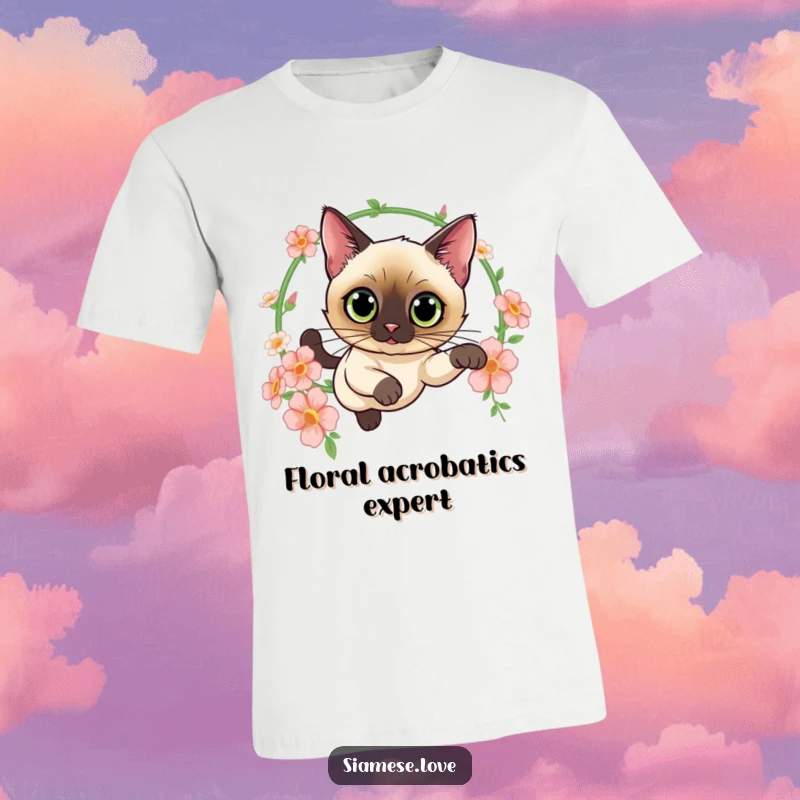Funny t-shirt showing a curious Siamese cat with wide eyes leaping elegantly through a hoop of flowers, capturing a moment of feline grace.