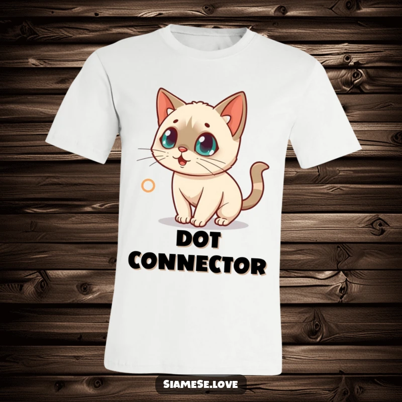 Funny t-shirt with a kawaii Siamese cat looking surprised while chasing a tiny red laser dot with intense focus.