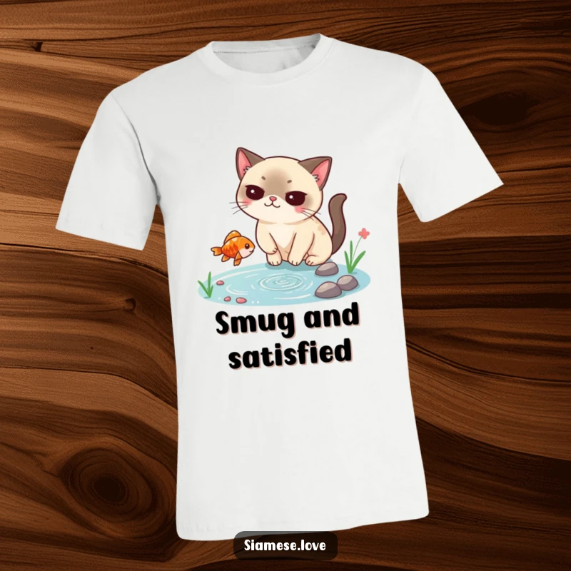 Funny Siamese cat t-shirt, smugly catching a falling fish from a tiny pond, embodying cunning and a hilarious fishing victory.