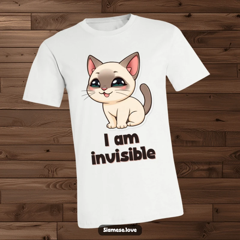 Funny Siamese Cat T-Shirt: A charming cat character peeking out with a mischievous grin from behind its bushy tail.