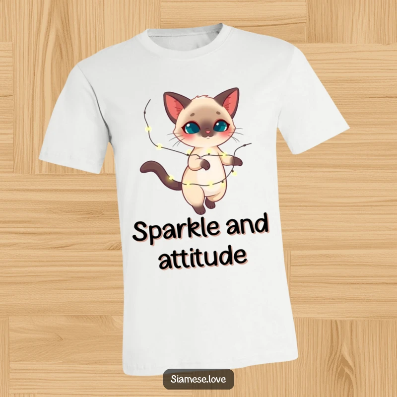 Funny Siamese cat t-shirt, feline twirling with sparkling holiday lights, graceful and festive, perfect funny gift.