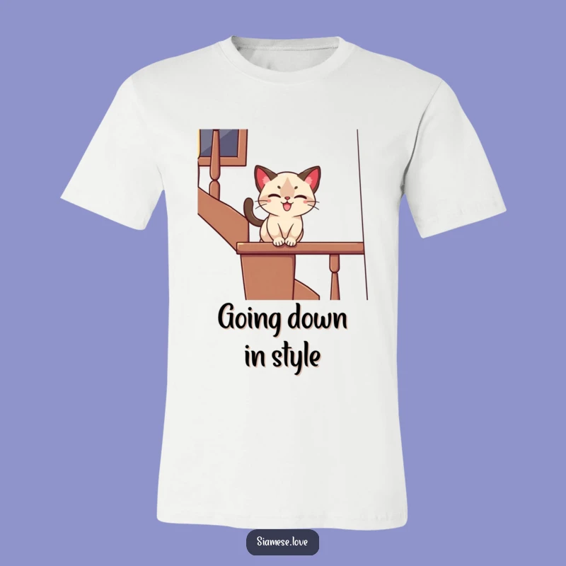 Funny Siamese Cat Banister Slide T-Shirt: Playful Expression Tee