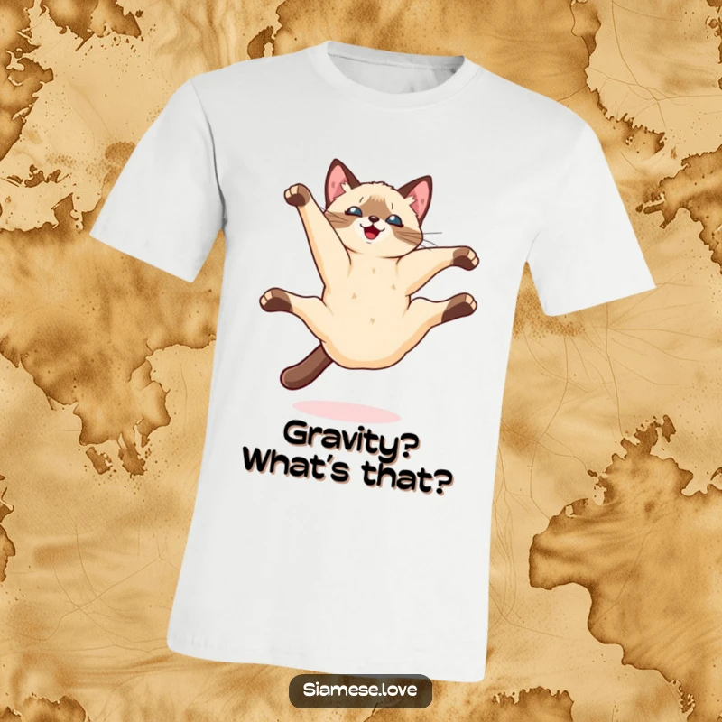 Funny Kawaii Siamese cat doing a playful somersault mid-air on a graphic T-shirt, capturing dynamic feline movement.