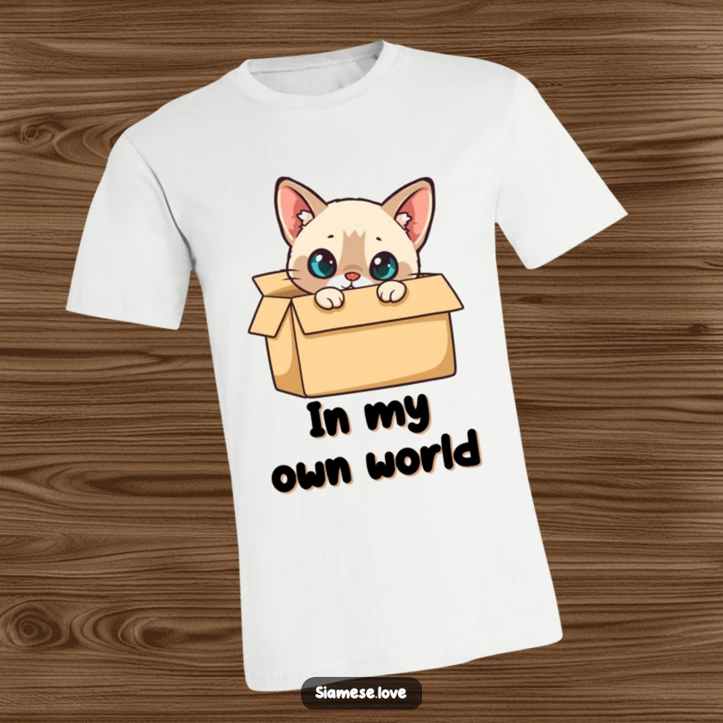 Funny T-Shirt: A Siamese cat curiously peeking out from a cardboard box, full of playful mischief.