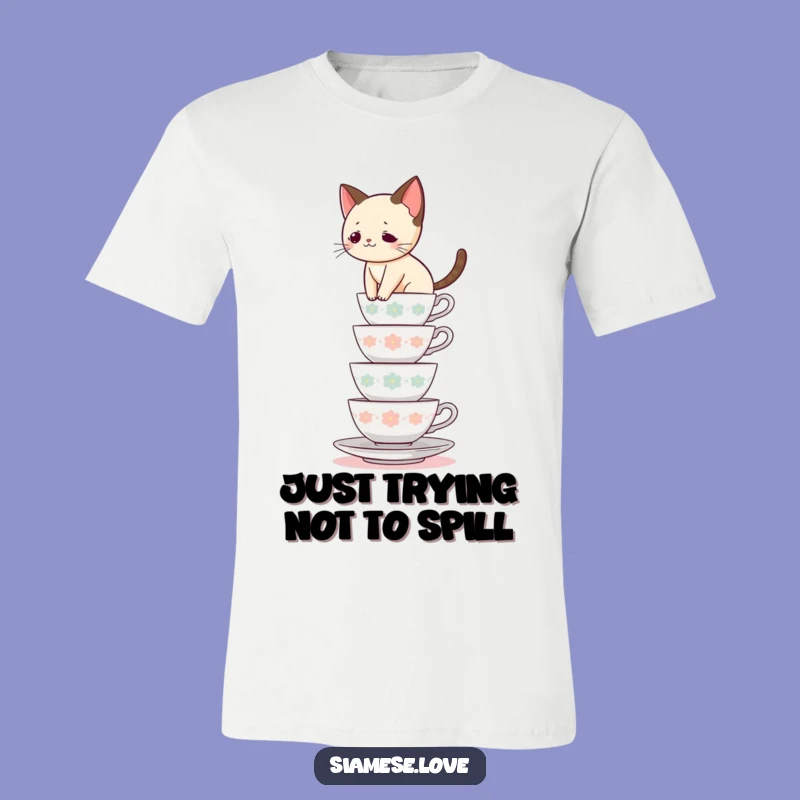 Funny Siamese Cat Teacup Balance T-Shirt - Hilarious Feline Gift!