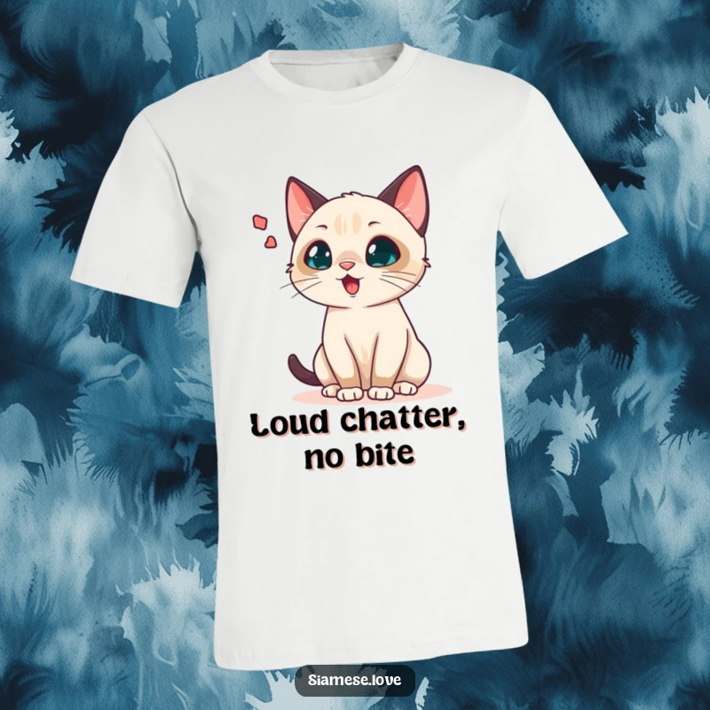 Funny Siamese cat t-shirt featuring a chattering cat with an oversized sound wave bubble, representing loud meows or purrs.