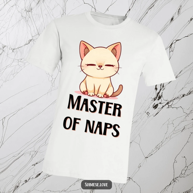 Funny Kawaii Siamese cat napping peacefully in a sunbeam, looking serene and humorous on a comfy t-shirt.