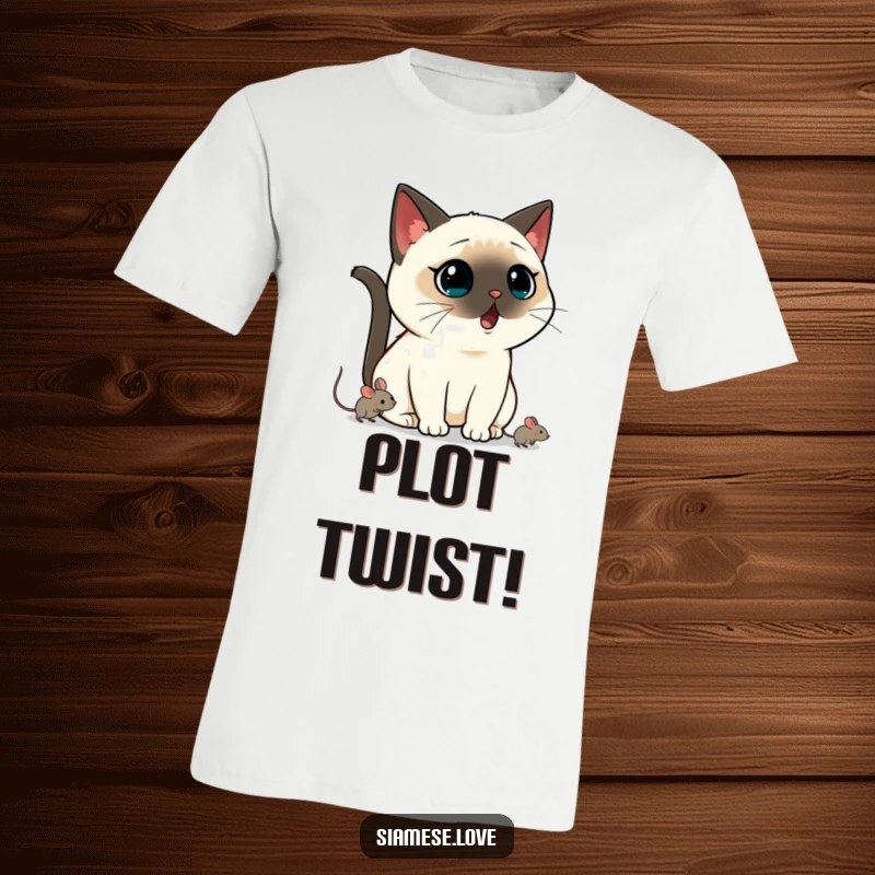 Funny Kawaii Siamese cat t-shirt showing a shocked cat watching a mouse run away, ideal for a humorous pet owner gift.