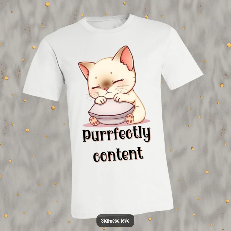 Funny Siamese cat t-shirt showcasing a cute kawaii kitty nuzzling a small cushion, radiating peace and purrfect happiness.