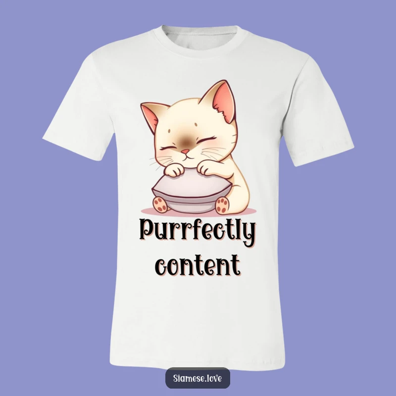Funny Siamese Cat T-Shirt: Cute Kawaii Kitty Nuzzling Cushion - Hilarious Pet Lover Apparel