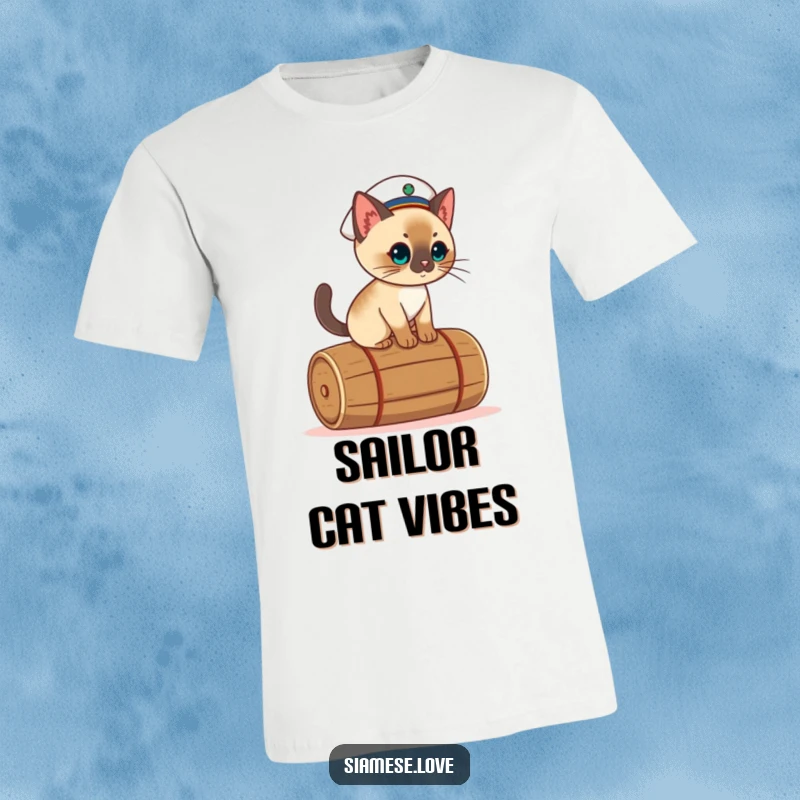 Funny kawaii Siamese cat t-shirt, sporting a sailor hat while balancing expertly on a rolling barrel.