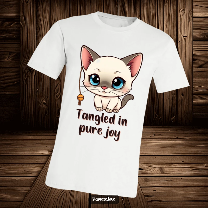 Funny t-shirt showcasing a sleek, kawaii Siamese cat with big blue eyes, playfully batting at a dangling string. Cute and humorous.