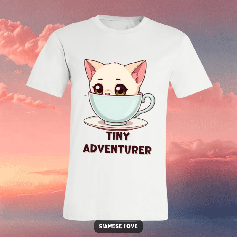 Funny Siamese Cat T-Shirt: A curious Siamese cat character with large, inquisitive eyes peeking into an oversized teacup.