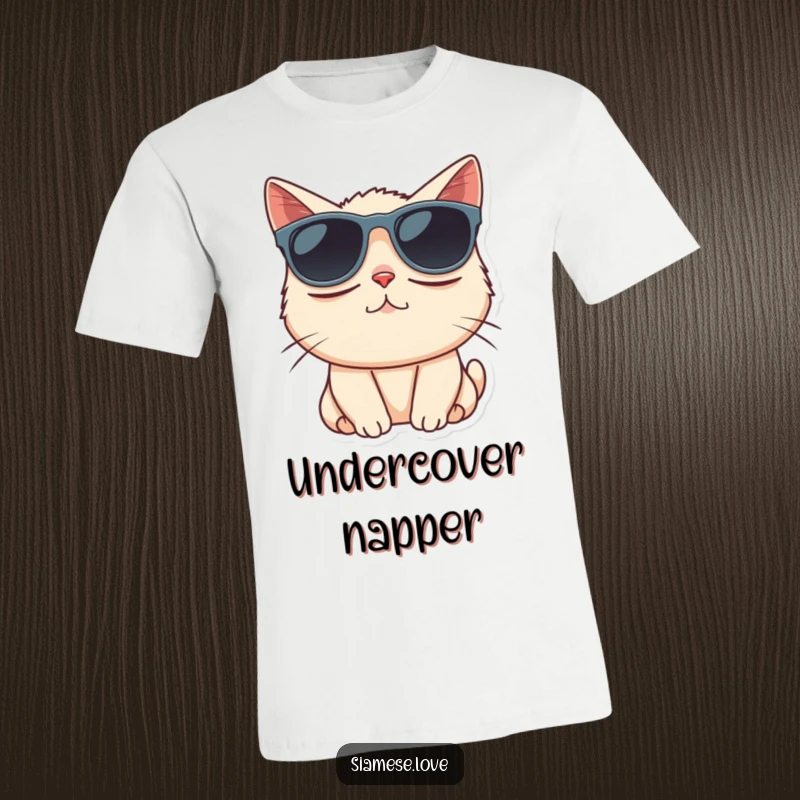 Funny Siamese cat character comically wearing oversized sunglasses, looking stylish on a t-shirt.