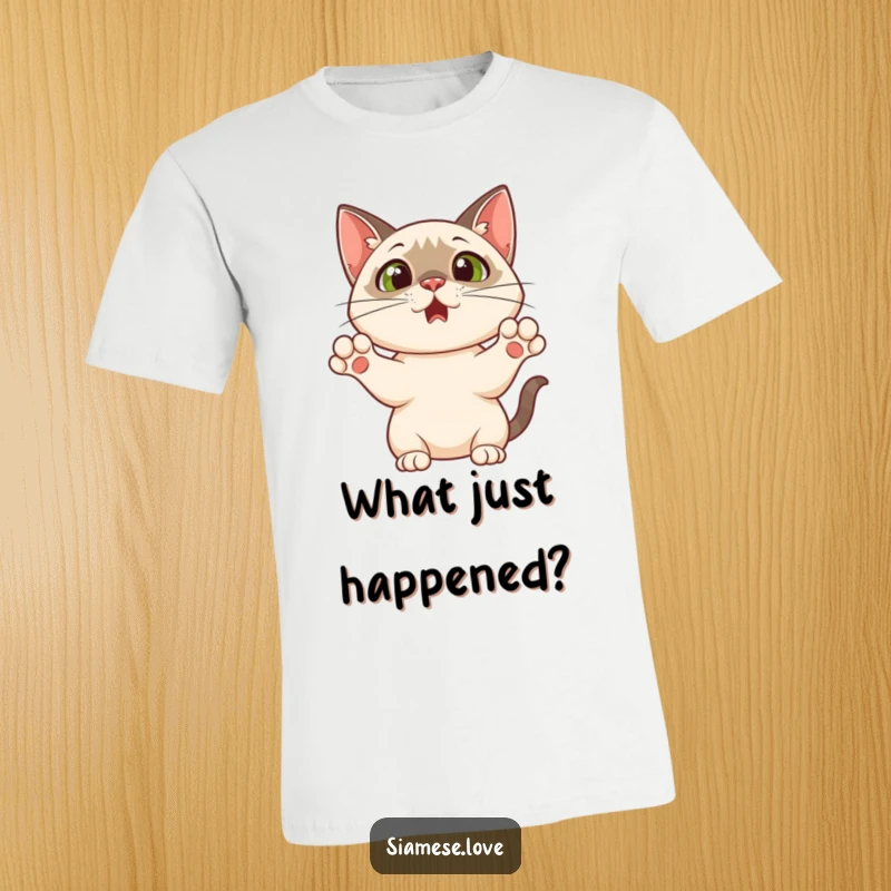 Funny t-shirt showing a Siamese cat with its paws up in a comically surprised and shocked expression, perfect for expressing sudden amazement.