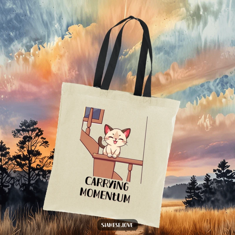 Funny tote bag featuring a stylized Siamese cat playfully sliding down a banister with a joyful expression, perfect for humorous flair.
