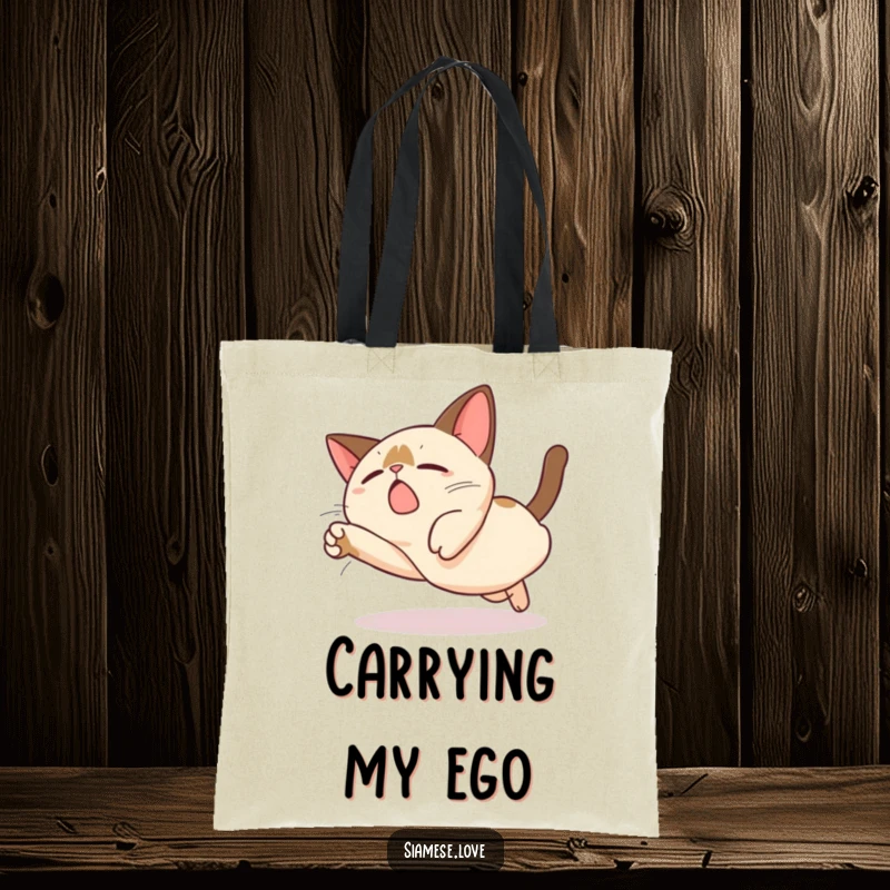 Funny Kawaii Siamese Cat Tote Bag: A cute Siamese cat character attempts a funny, exaggerated dive, showcasing adorable clumsiness.