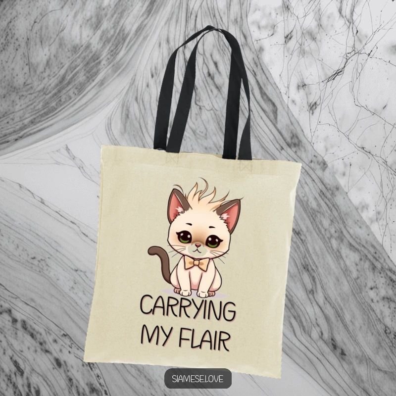 Funny tote bag designed with a Siamese cat character in a bow tie doing a dramatic and stylish hair flip.