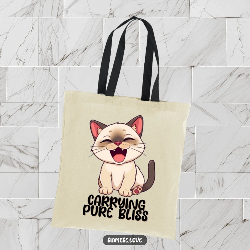 Funny Siamese cat happily stretching with a big, satisfied yawn on a tote bag.