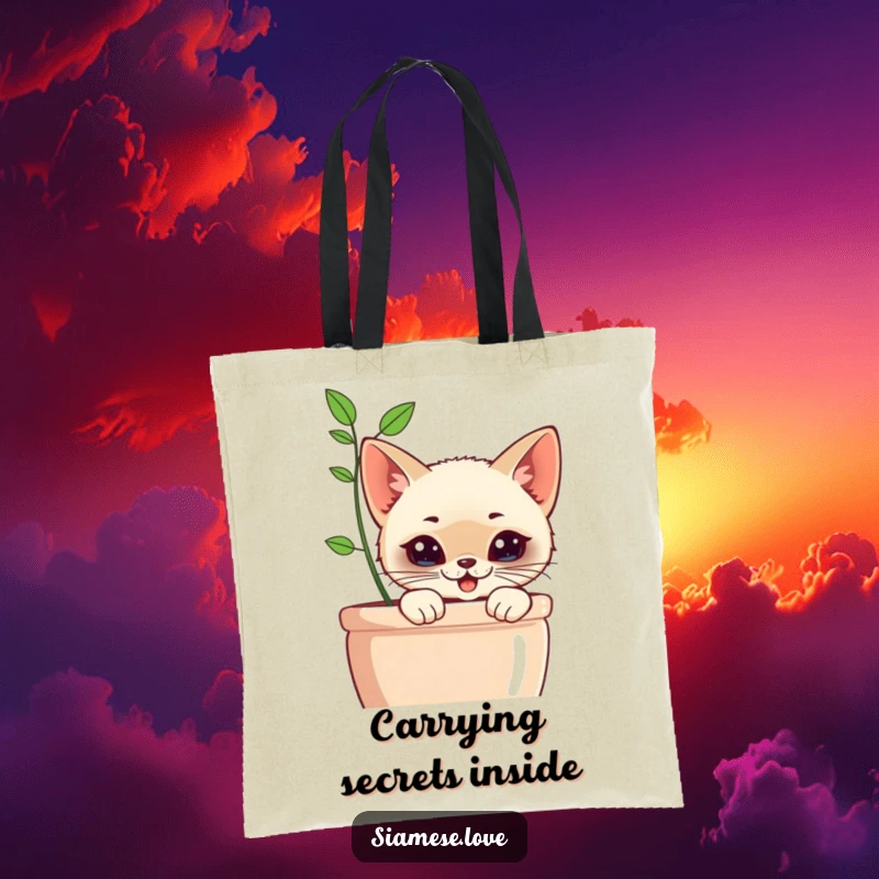 Funny Kawaii Siamese Cat Tote Bag: Cute tote showcasing a cat with a mischievous grin peeking from behind a planter.