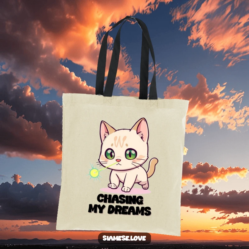 Funny Siamese Cat Tote Bag: A Siamese cat with wide, startled eyes is captured mid-chase after a laser dot, a humorous accessory.