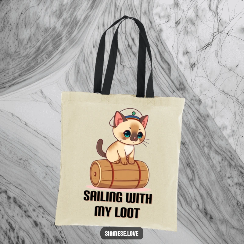 Funny kawaii Siamese cat tote bag, illustrated wearing a sailor hat and balancing on a rolling barrel.