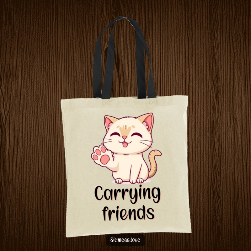 Funny Kawaii Siamese cat with a sweet smile extending a friendly paw on a durable tote bag for daily use.