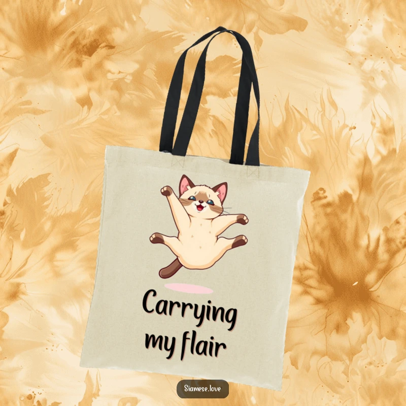 Funny Kawaii Siamese cat doing a playful somersault mid-air on a durable tote bag, showcasing energetic feline action.
