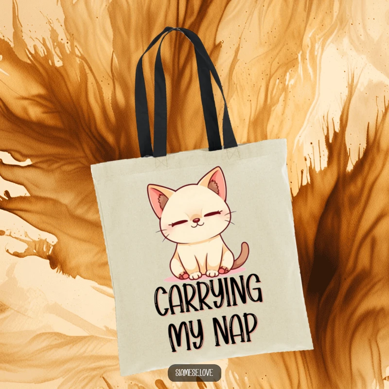 Funny Kawaii Siamese cat napping contentedly in a sunbeam on a practical tote bag, radiating calm humor.