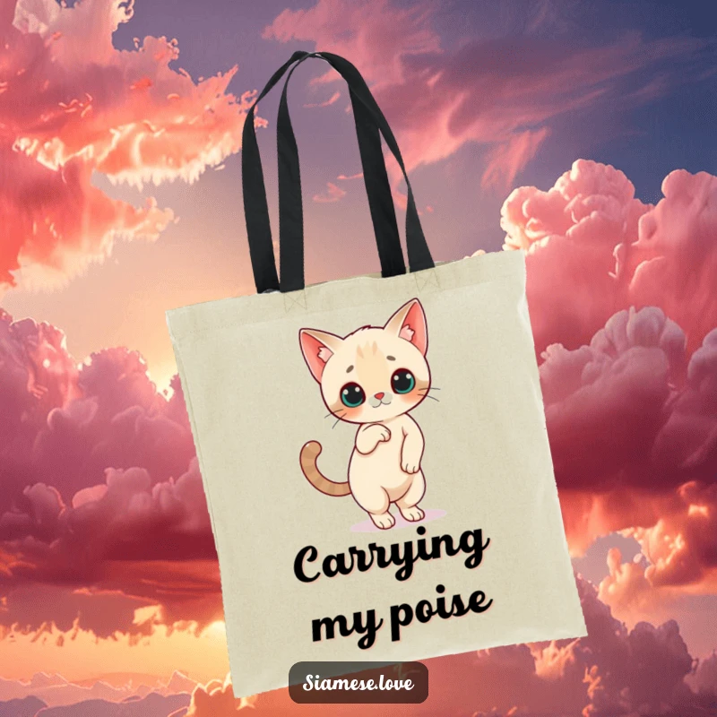 Funny Siamese Cat Tote Bag: A Siamese cat character balances on its hind legs with its tail high, a humorous and functional accessory.
