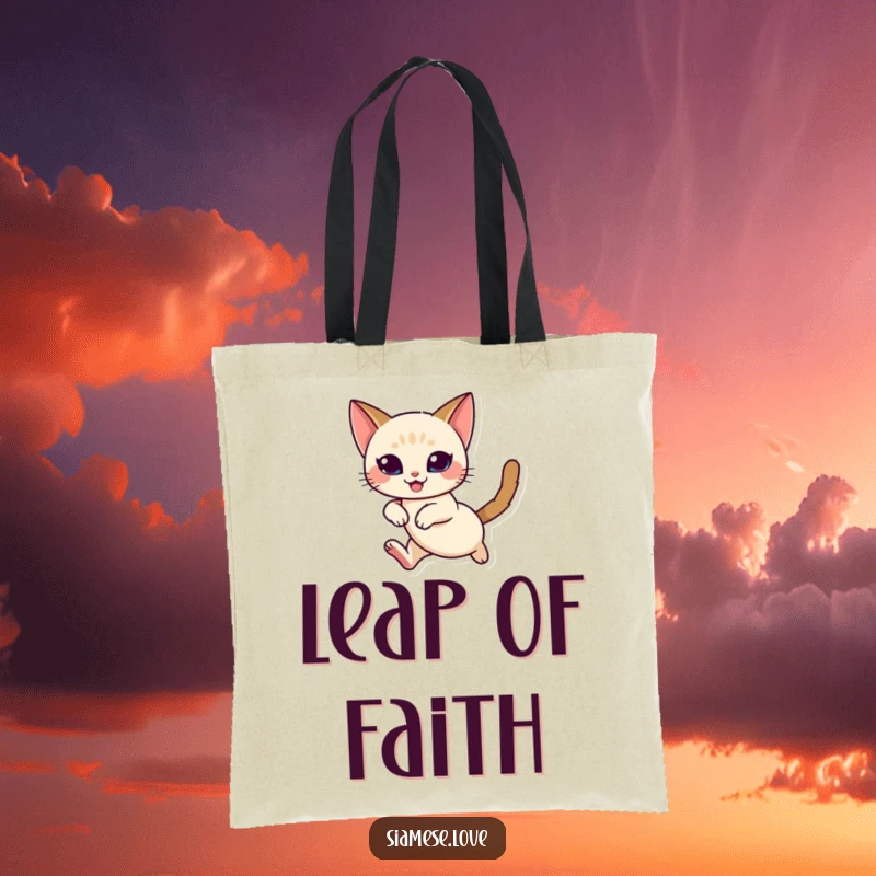Funny Siamese Cat Tote Bag: A graceful Siamese cat in mid-leap, showcasing its delight and agility.