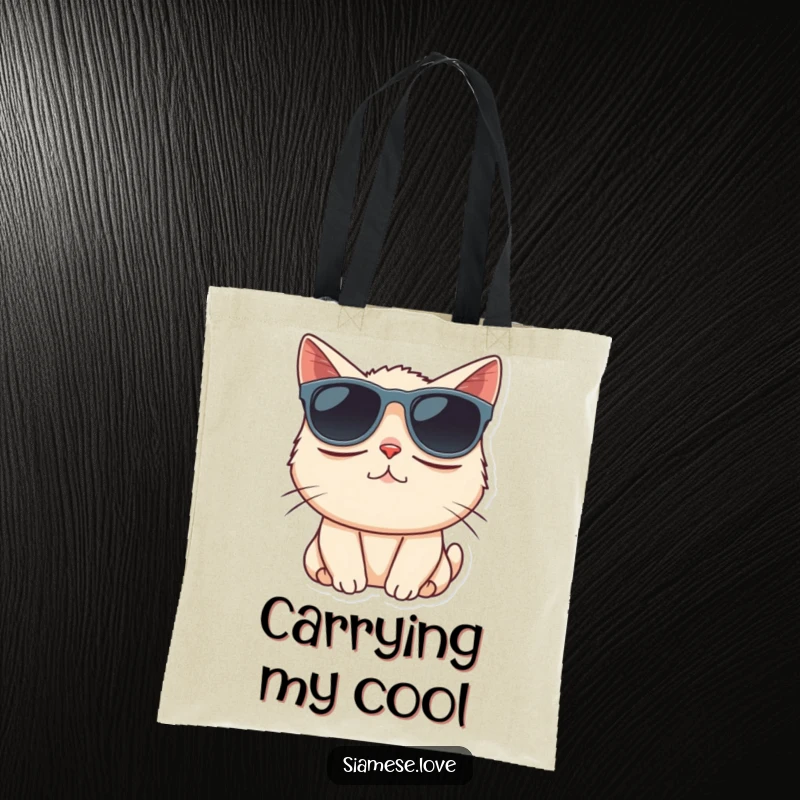 Funny Siamese cat comically wearing oversized sunglasses on a tote bag, exuding coolness.