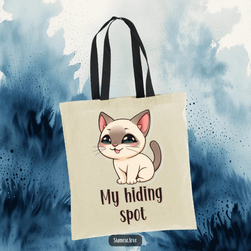 Funny Siamese Cat Tote Bag: A charming cat peeking over its tail with a sly, mischievous grin.