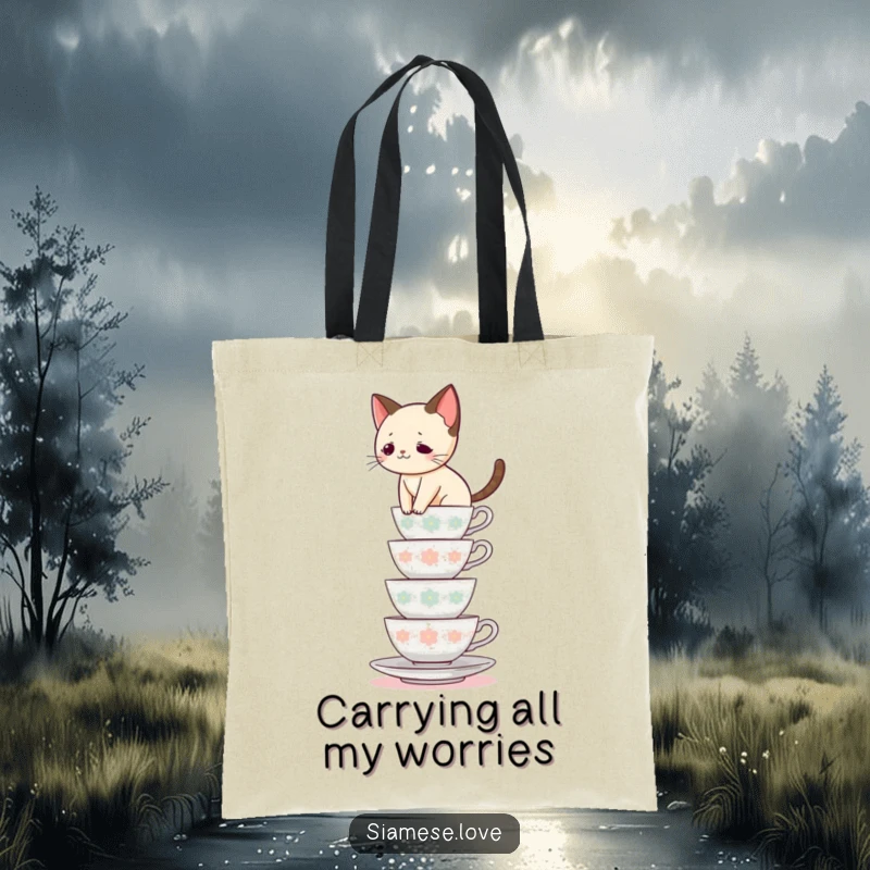 Funny Siamese cat tote bag, feline balancing act on teacups, carrying essentials with humor, great funny gift.