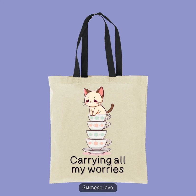 Funny Siamese Cat Teacup Balance Tote Bag - Hilarious Feline Shopping Gift!