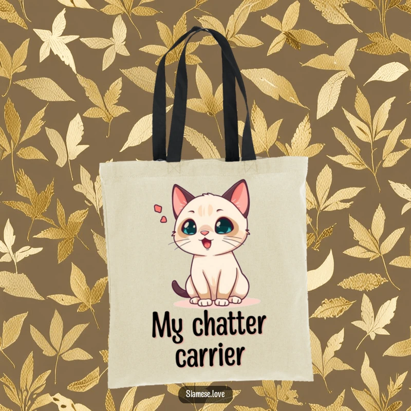 Funny Siamese cat tote bag featuring a chattering cat with an exaggerated sound wave bubble, perfect for shopping or daily use.