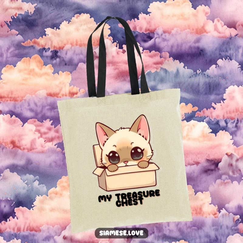 Funny Siamese Cat Tote Bag: A Siamese cat character with wide, curious eyes peers into a small box, a humorous accessory.